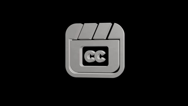 A captivating 3D animation of a clapperboard with a closed captioning symbol in its screen, rotating dynamically on a black background.