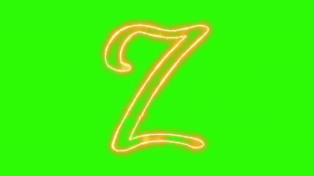 Glowing neon letter z animation with electric energy effect on green screen background, alphabet