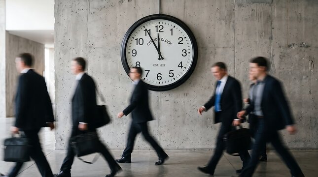 Business people walking past a large wall clock in a modern office hallway showing ten oclock