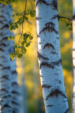 A dense stand of white birch trees in a forest environment. vertical frame