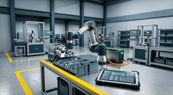 Robotic arm sorting metal components on assembly line with diagnostic tablet in smart factory. Advanced industrial automation, collaborative robot technology and quality control testing lab