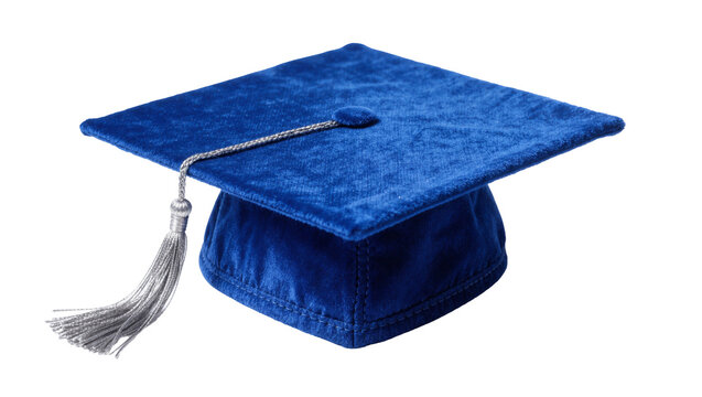 Blue velvet graduation cap with silver tassel isolated on transparent background