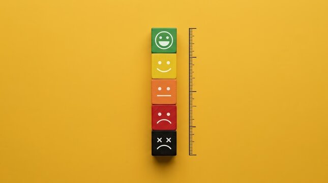 Mental health and happiness assessment using a colored rating scale of emotion cubes.