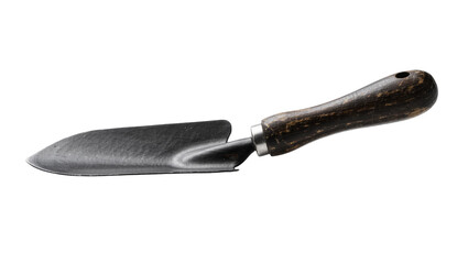 Metal garden trowel with dark wooden handle, isolated on transparent background © Mia