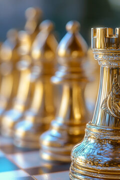 A detailed view of a chess game in progress, with multiple pieces placed strategically. vertical frame