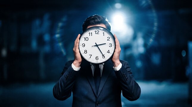 Man holding a large clock in front of his face representing time pressure and deadlines