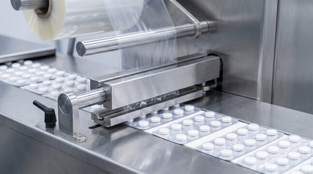 Automated machine sealing blister pack pill pharmaceutical industry production process