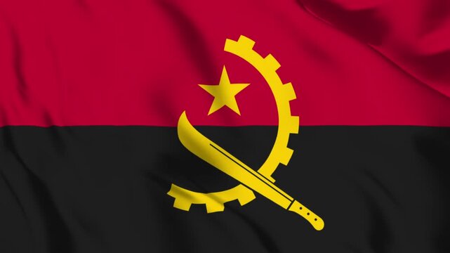 Waving Flag of Angola with Red and Black Horizontal Stripes and Central Yellow Emblem of Gear Machete and Star