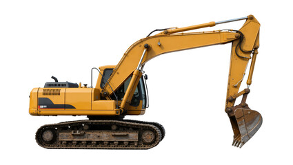Yellow excavator with metal bucket and tracks, isolated on transparent background © Mia