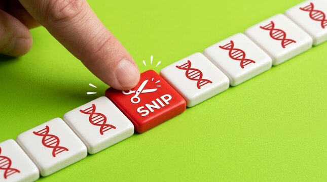 A finger interacts with a red snip block to represent genetic disorders and gene manipulation.
