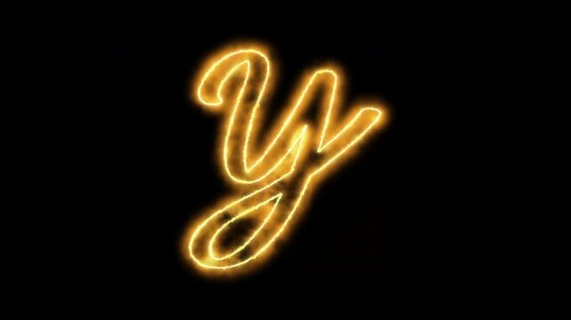 Glowing golden letter y animation with fire energy effect on black background, alphabet typography