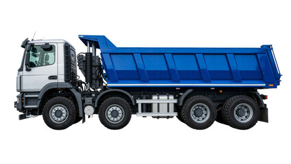Silver and blue heavy-duty dump truck with multiple wheels, isolated on transparent background © Mia