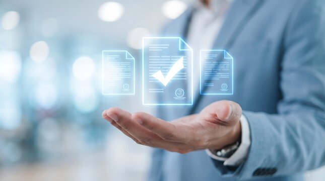 Business professional presenting digital documents with a checkmark symbol representing approval and successful completion