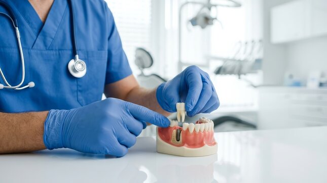 Professional dentist demonstrating a dental implant or tooth extraction using a human jaw model.