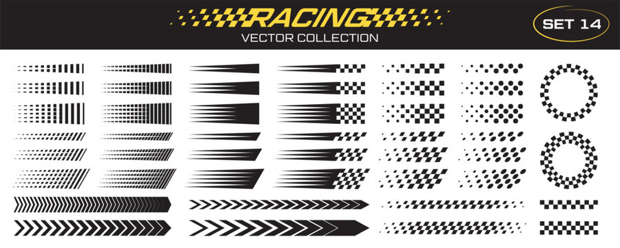 Flag speed line icons and racing arrows. Checker patterns with squares. Chess rally elements and bike stripes. Race borders for banners, footers. Vector illustration isolated on white background