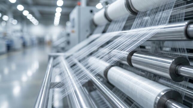 Automated manufacturing process showcasing delicate polyester staple fiber strands.