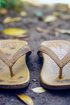 A pair of brown flip flops are sitting on the ground, possibly abandoned or forgotten. vertical frame