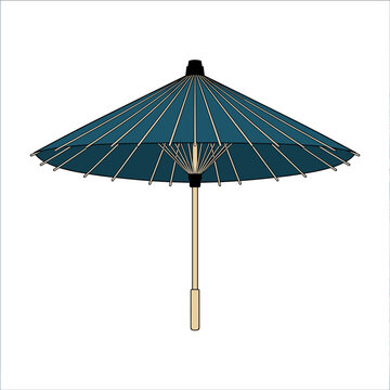 Traditional Asian paper parasol with dark blue canopy and wooden handle
