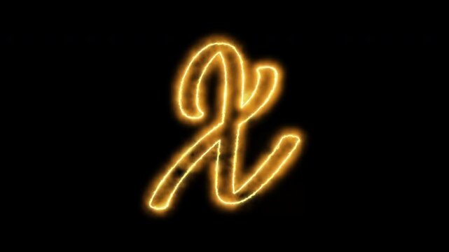 Glowing neon letter x animation, golden electric energy alphabet character on black background
