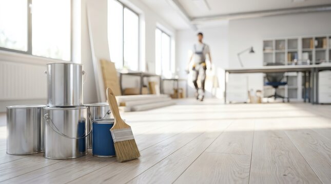 Modern office interior undergoing renovation with paint buckets and a worker out of focus.