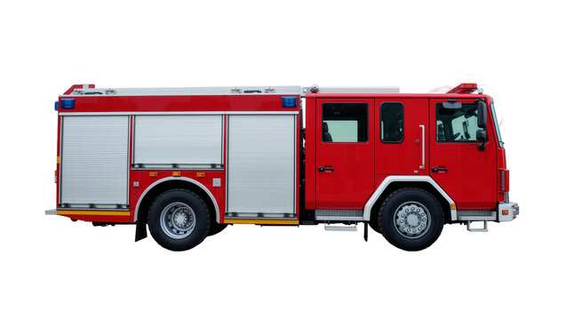 Red fire truck with silver roll-up doors and blue lights, isolated on transparent background