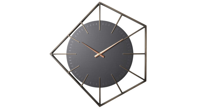 Modern geometric wall clock with dark gray face and rose gold hands, isolated on transparent background