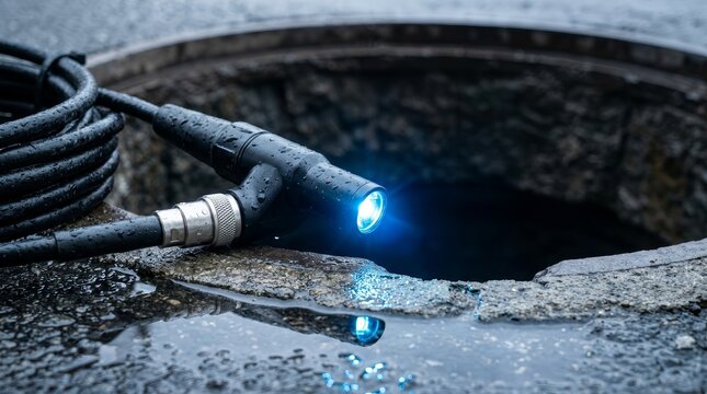 Plumber utilizing a specialized inspection camera and cabling for effective drain cleaning.