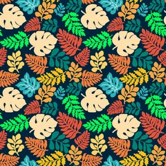 Vibrant tropical leaf pattern with colorful monstera and fern foliage on dark background © kee