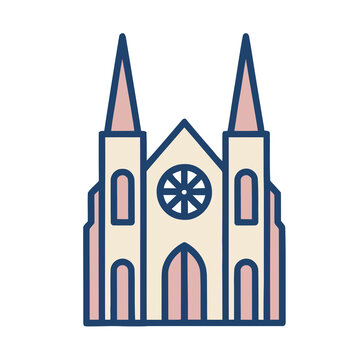 Cartoon church building with spires and rose window
