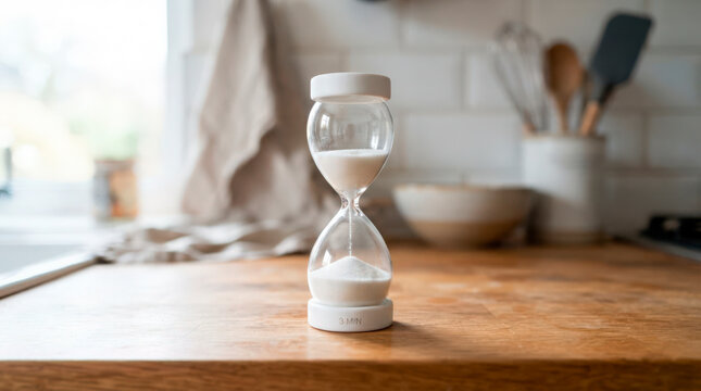 Hourglass on wooden table in kitchen with soft natural light. Hourglass features clear glass design filled with sand, emphasizing time management and organization in daily life.