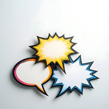Communication and dialogue concept, blank comic book speech bubbles for creative messaging and social media marketing isolated on a white background