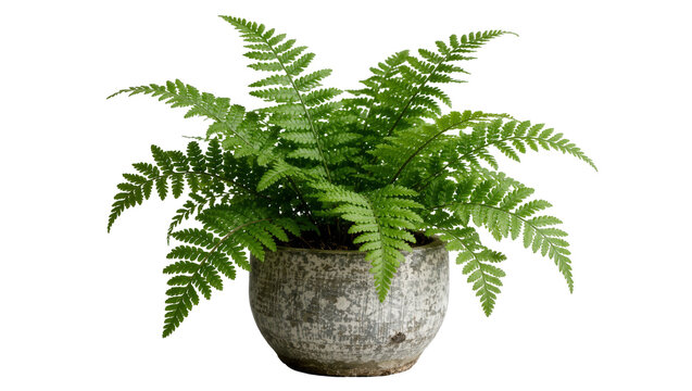 Lush green fern plant in a textured grey pot, isolated on transparent background