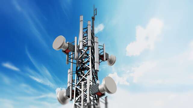 Steel telecommunications tower with satellite dishes. 3D illustration