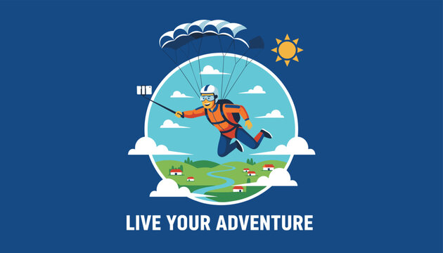 Adventurous skydiver takes a selfie with a stick while falling through the air with a parachute over a green landscape in a circular emblem.