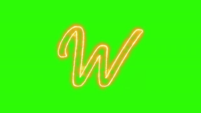 Animated neon letter w glowing on green screen, hand-drawn script alphabet character for motion and editing