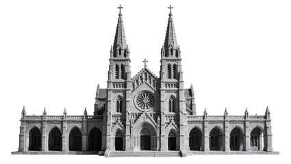 Obraz premium Gothic cathedral with twin spires and rose window, isolated on transparent background