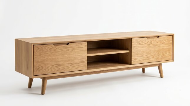 A contemporary wooden TV stand featuring storage drawers and open shelves for media equipment.