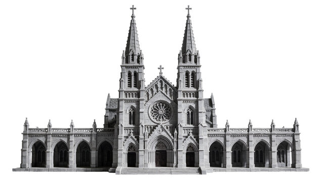 Gothic cathedral with twin spires and rose window, isolated on transparent background