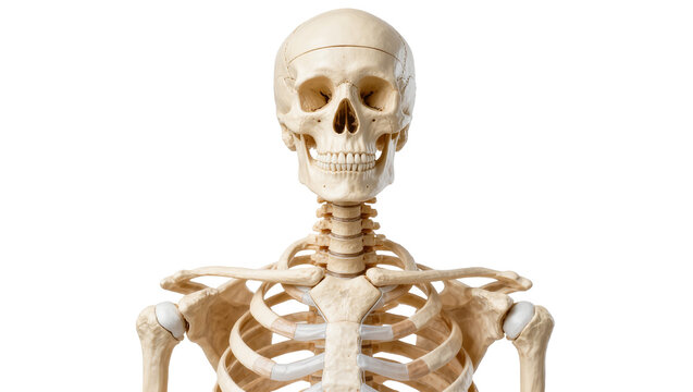 Human skeleton torso and skull, isolated on transparent background