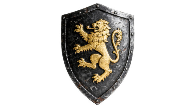 Ornate medieval shield with golden lion rampant emblem, isolated on transparent background
