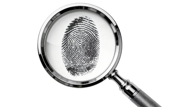 Magnifying glass examining a detailed black fingerprint, isolated on transparent background