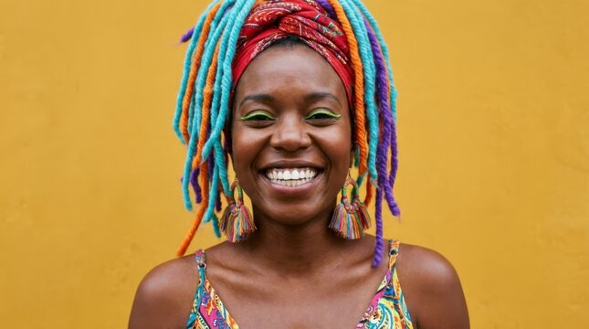 Smiling young Black woman with colorful dreadlocks and a red headscarf against a vibrant yellow background, looking at the camera, concept of individuality and joy