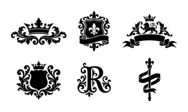 Royal Emblems & Monograms: Ornate Crests, Crowns, Heraldic Shields, and Flourishes