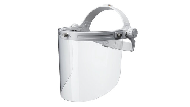 Adjustable white plastic face shield with clear visor, isolated on transparent background
