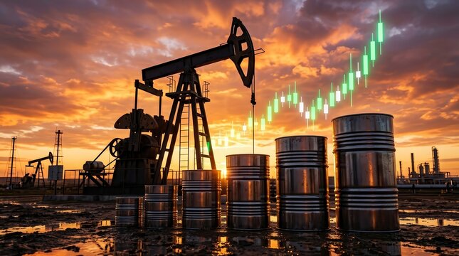 Rising oil stock market candlestick chart overlaid on a sunset scene with pumpjack and metal barrels.