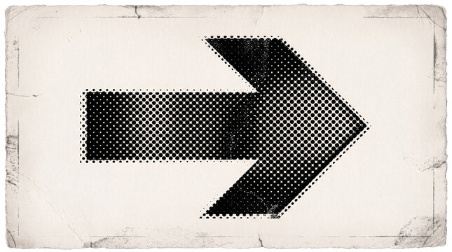 A retro-style black arrow rendered with a halftone dot pattern on aged, distressed paper.