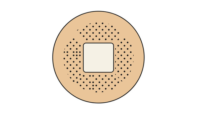 Close-up illustration of a tan circular adhesive bandage with a white central pad and perforated ventilation holes.