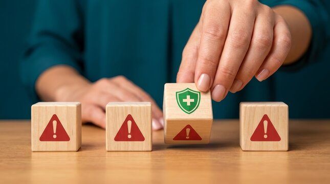 Business professional managing hazard prevention by replacing warning icons with a safety shield icon.
