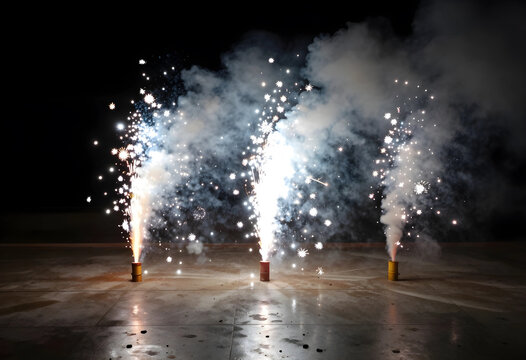 Celebration and festive event bright pyrotechnic fountains with sparks and smoke at night for holiday party anniversary or grand opening ceremony