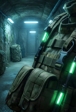 Military survival and tactical preparedness, soldier gear with glowing green light sticks in a dark underground bunker corridor for emergency operations